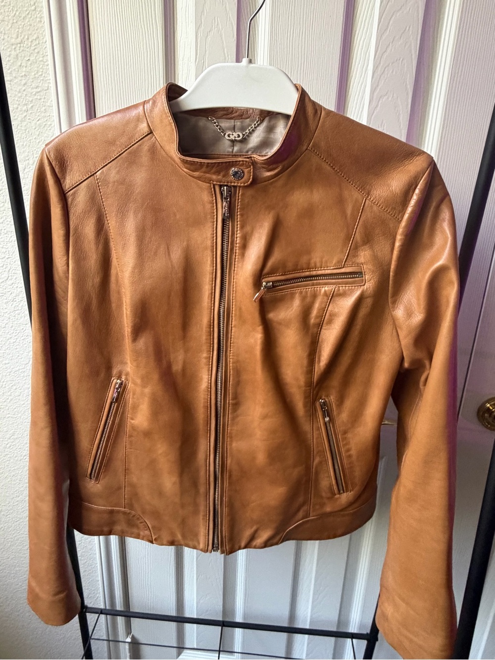Cole Haan Women's Cognac Leather Zip-Front Jacket